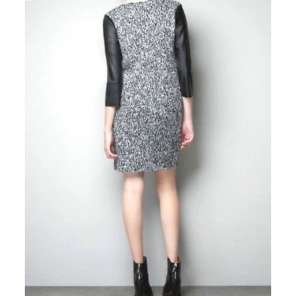 ZARA Grey Black White Stretch Knit Wool Leather 3/4 Sleeve  Mini Sweater Dress - Picture 2 of 13